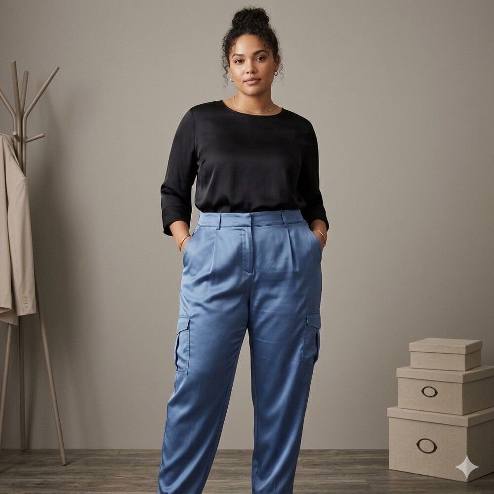 Torrid Relaxed Taper Satin Cargo Pants Blue High Rise Tapered Leg Plus Size 18